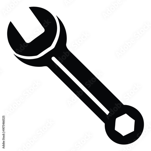 A single black wrench displays mechanical precision with the open and hexagonal ends