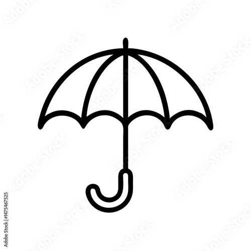 Black outline drawing of an open umbrella symbol displayed on a transparent background. Simple line art icon representing protection from rain or sun. Good for weather apps or websites