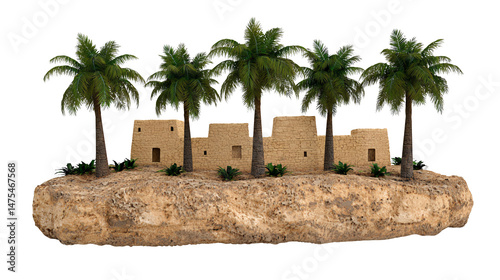 Tan Desert Oasis Miniature with Palm Trees and Stone Buildings