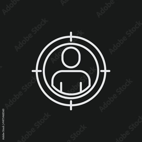 White Outline Icon Person in Target Sight on Black Background