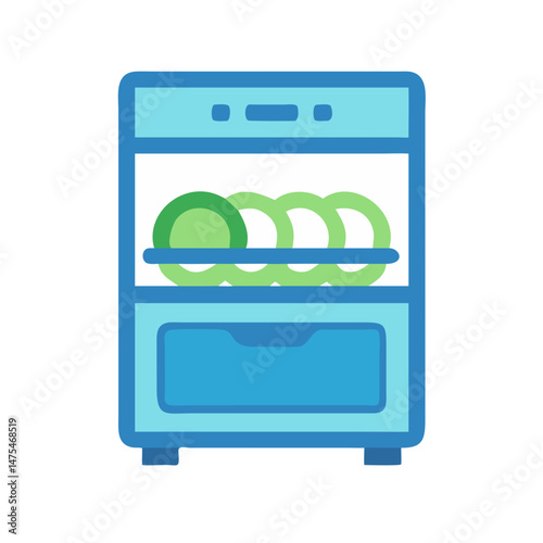 Blue dishwasher filled with dishes on a black background