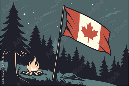 91 Canadian flag at night, forest silhouette, starry sky, sparks and embers, patriotic, moody atmosphere, dark landscape, national pride, illuminated flag, wilderness, photorealistic, cinematic lighti