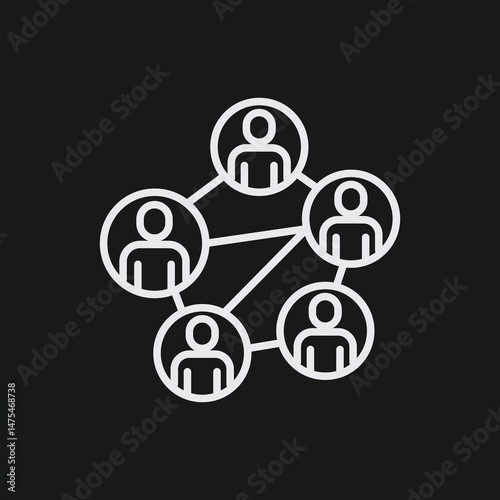 White Outline Icon Network of People Connected on Black Background