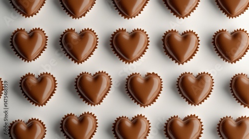 Chocolate heart shaped confections arranged in pattern on white background
