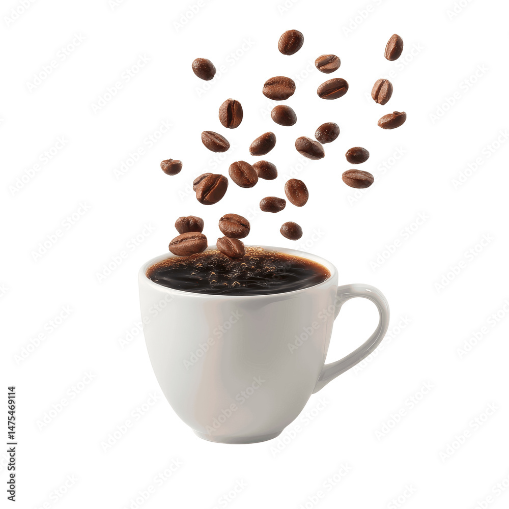 Obraz premium Aromatic Coffee Beans Falling into a White Cup of Black Coffee