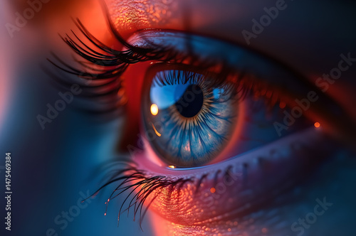 closeup of a human eye with Lasik vision laser correction procedure and beams going into the cornea as wide banner with copy space area the cornea as wide banner with copy. generative AI