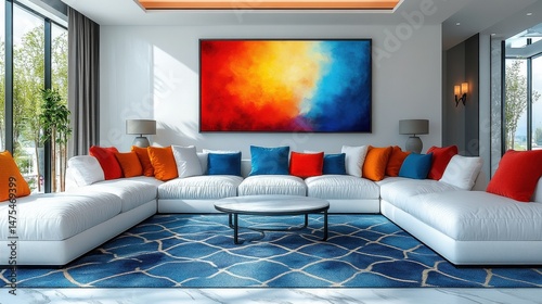 Modern living room with colorful artwork, vibrant cushions, large windows, and natural light