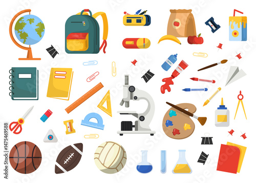 Set of school supplies including backpack, globe, sport ball, palette, microscope, pencil case, test tubes, notebook, book, ruler, scissors, clips and pins. Back to school concept. Vector illustration