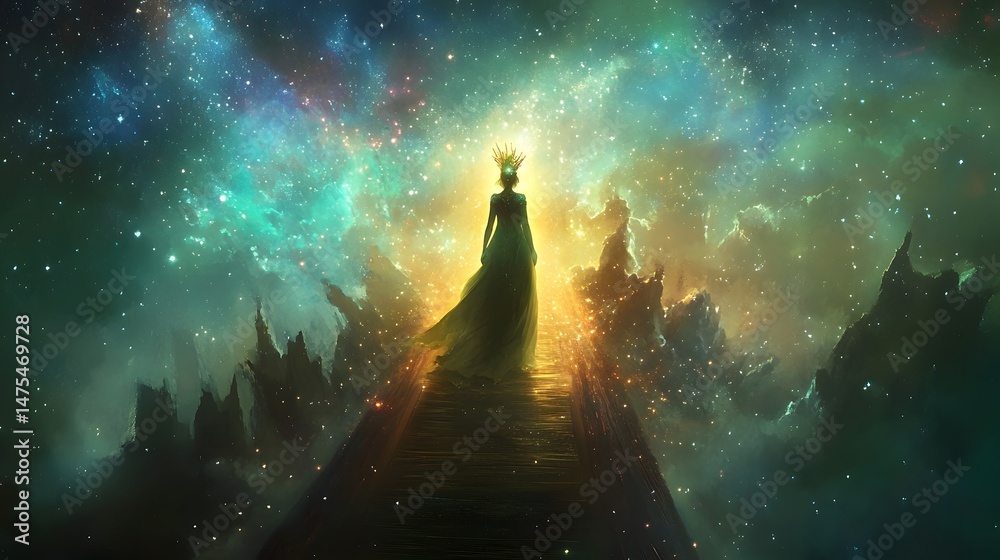 Obraz premium Cosmic Empress: A majestic woman, cloaked in flowing gold and adorned with a crown, stands tall on a luminous path, her silhouette bathed in the ethereal glow of cosmic nebulae.