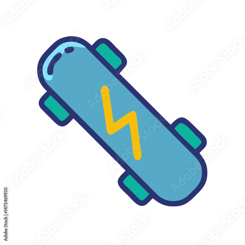 Blue skateboard with lightning bolt graphic and black background
