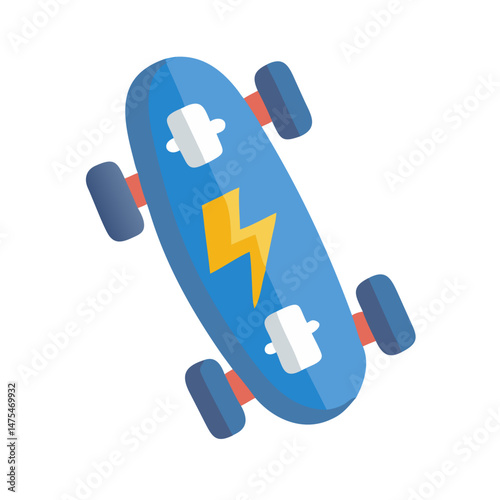 Blue skateboard with lightning bolt design, isolated on black
