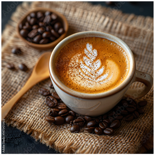 Coffee art created with careful technique displayed in a cozy setting with coffee beans in the background