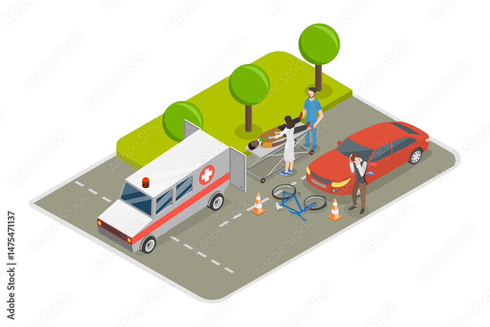 Obraz premium 3D Isometric Flat Illustration of Cyclist Accident , Bike Crash