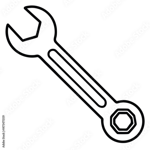 Black outline of a wrench depicts a tool for tightening and loosening fasteners