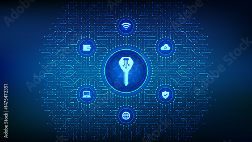 Digital key. Electronic key. Digital signature. Personal Data protection. Cyber security, password and access control. Background with circuit board connections and tech icons. Vector Illustration.