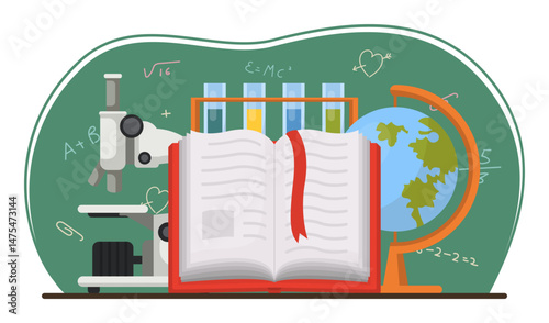 School scene with open book and education supplies. Textbook with microscope, Earth planet globe and test tube. Back to school concept. Blackboard with chalk drawing on background. Vector illustration