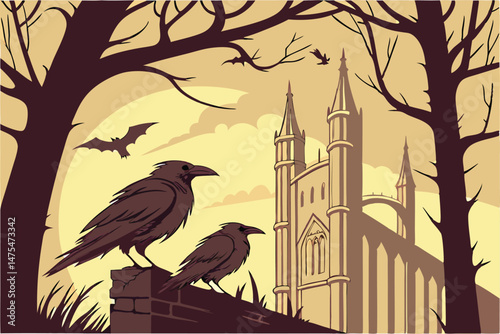 94 Ravens, sunset cityscape, gothic architecture, silhouette, dramatic lighting, golden hour, perched birds, atmospheric, detailed feathers, moody, dark fantasy, cinematic, high contrast, 4K resolutio