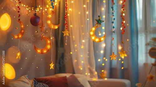 Ramadan mubarak decorations: crescent moon and star lights for eid silhouette
