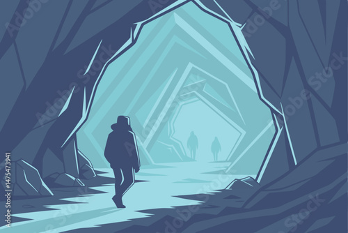 95 Surreal ice cave, giant crystals, glowing blue light, silhouettes of people walking, otherworldly landscape, ethereal atmosphere, jagged ice formations, mysterious pathway, dreamlike scenery, cold 