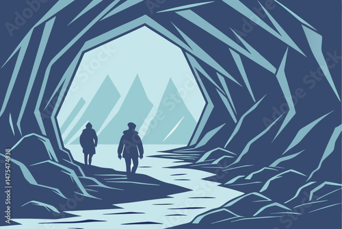 95 Surreal ice cave, giant crystals, glowing blue light, silhouettes of people walking, otherworldly landscape, ethereal atmosphere, jagged ice formations, mysterious pathway, dreamlike scenery, cold 