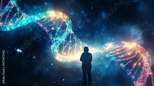 A person is standing in front of a DNA strand. The DNA strand is colorful and has a spiral shape