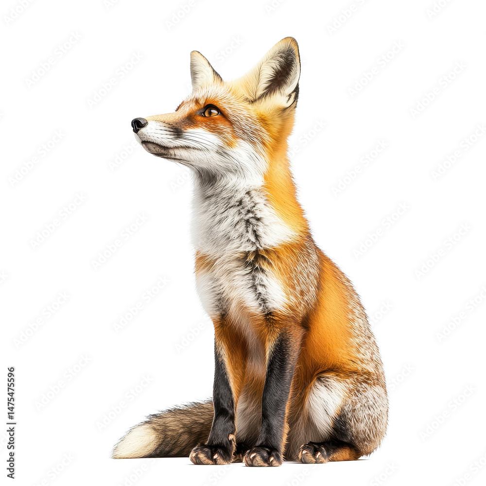 Fototapeta premium Fox sitting gracefully against a white background showcasing its vibrant fur and curious expression, Fox isolated white background