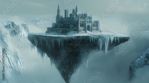 Frozen Castle in the Clouds: A majestic castle, perched atop a frozen floating island amidst a snow-capped mountain range, evokes a sense of mystery and wonder.  