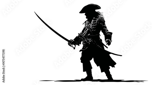 Pirate with sword silhouette vector isolated on white background  -  