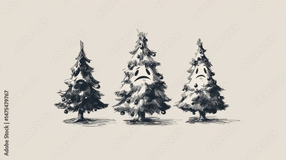 Obraz premium Three sad christmas trees in monochrome design.