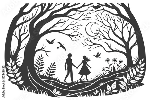 96 Black and white illustration, silhouette art, enchanted forest, intricate tree branches, detailed foliage, two figures holding hands, magical atmosphere, birds in flight, hidden animals, whimsical 