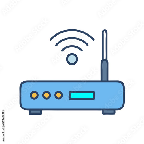 Blue cartoon wireless router with signal illustration on black