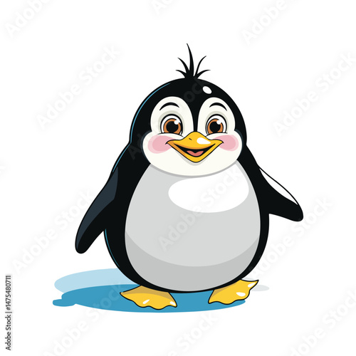 A cute, round cartoon penguin with black and white feathers, big orange eyes, rosy cheeks, and yellow feet is smiling. It stands on a light blue shadow.