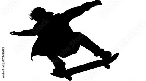 Skateboarder mid-trick silhouette vector isolated on white background  -  