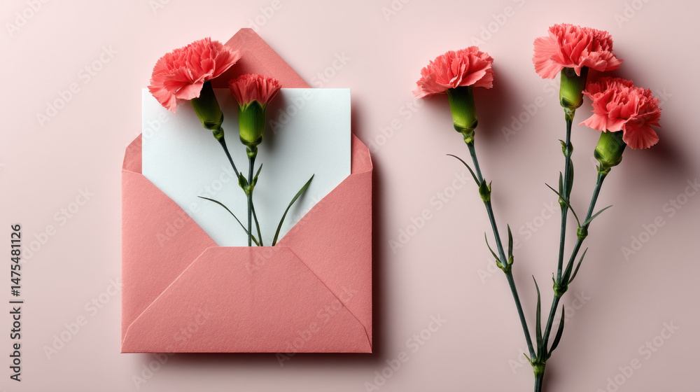 Fototapeta premium Elegant composition featuring a pink envelope with carnations and a blank letter in soft natural light, creating a serene and inviting atmosphere