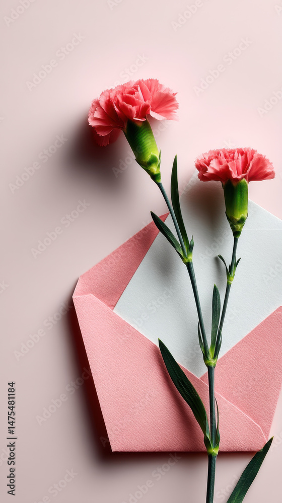 Fototapeta premium Soft pink envelope with a letter and fresh carnations creating a delicate composition in a dreamy setting