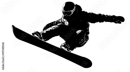 Snowboarder in action silhouette vector isolated on white background  -  