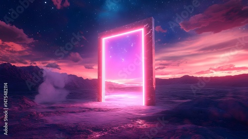 Neon Portal to the Unknown: A glowing, neon-pink doorway stands against a backdrop of a vibrant sunset sky, beckoning viewers into a realm of mystery and possibility.
