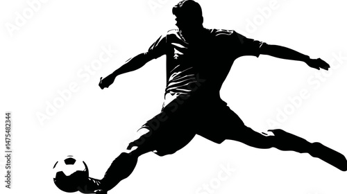Soccer player kicking ball silhouette vector isolated on white background  -  