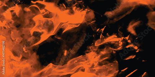 Abstract  Fiery flames burning & flowing orange smoke forms swirling against a dark black background creative design