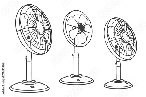 99 electric fans, black and white, silhouette, pedestal fans, cooling appliances, minimalist design, household electronics, rotating blades, air circulation, simple shapes, industrial design, vector g
