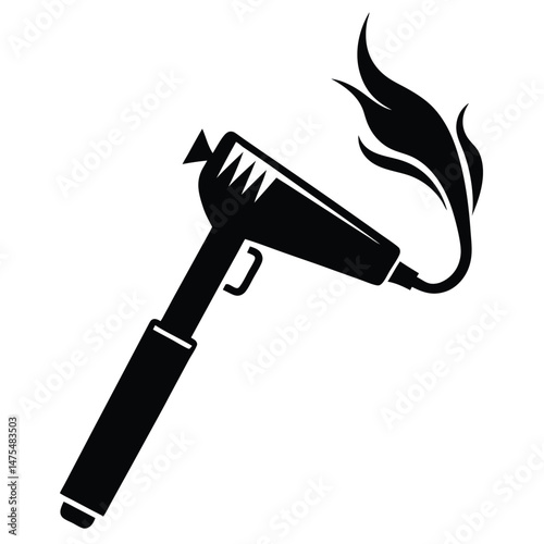 Solid black flamethrower weapon is shown with flames emanating from its nozzle on white