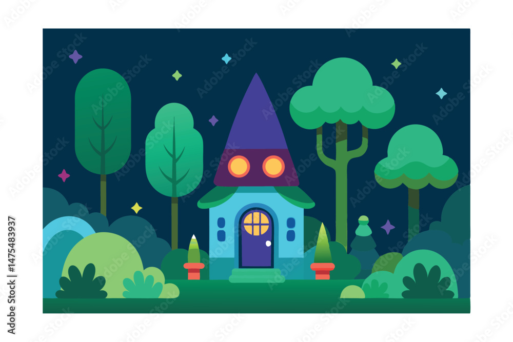 Naklejka premium Magic Tiny House of Gnome or Elf in Forest with Greenery