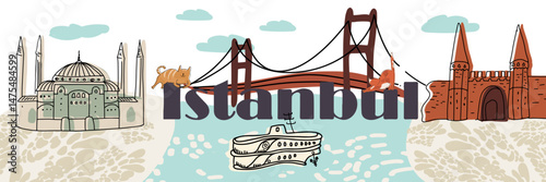 Text Istanbul. Concept of a landmark in Turkey, huge letters, hand drawn vector illustration.
