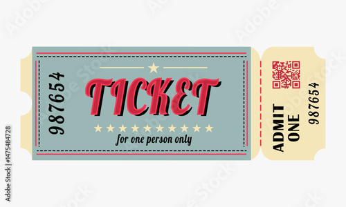 Vintage event ticket with a barcode, serial number, and ADMIT ONE text. Retro beige design with grunge texture and perforated edges. Perfect for classic-themed shows or fairs.Vector illustration.
