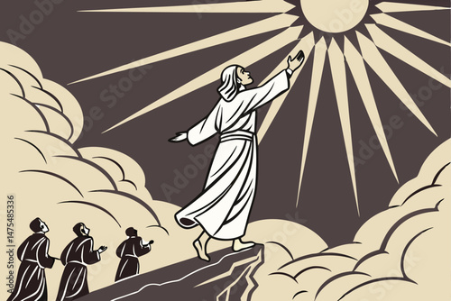 100 celestial figure in white robes, arms outstretched, radiant light, sunburst, dramatic clouds, silhouetted figures below, spiritual ascension, divine presence, ethereal atmosphere, golden light, he
