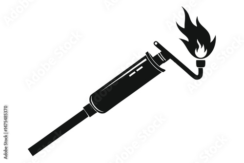 A stylized black silhouette depicts an igniter tool with a bright flickering flame shown against white