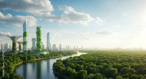 Futuristic city skyline with green architecture and serene river background