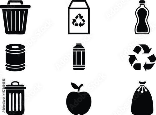Recycling and Waste Management Silhouette Icons ? Eco-Friendly Solid Black Vector Set