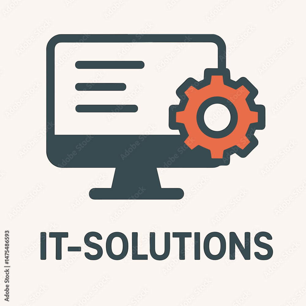 Flat icon of desktop monitor with gear symbol and text Flat icon of desktop monitor with gear symbol and text