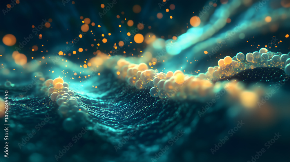 Fototapeta premium Abstract Microscopic Cell Structure Glowing Spheres Teal and Gold Scientific Background